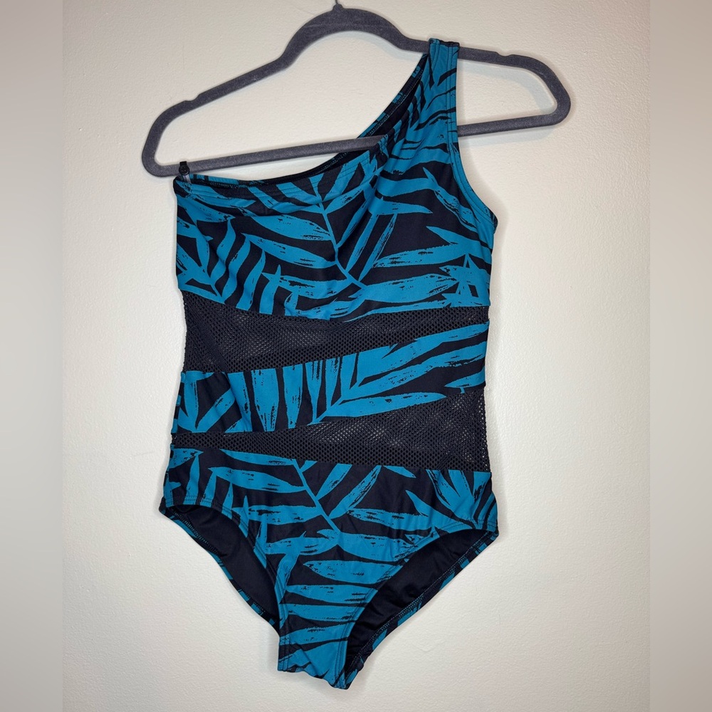 Carmen Marc Valvo One Shoulder Swimsuit Mesh Panel Leaf Print Size 8